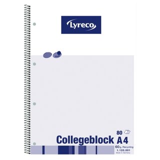 Collegeblock Lyreco, A4, kariert, 60g, 4fach gelocht, Recycling, 80 Blatt