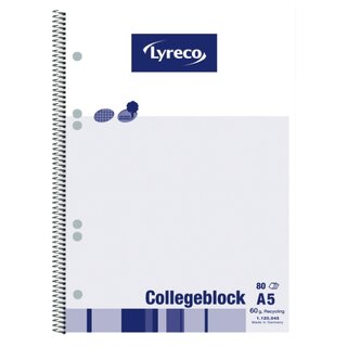 Collegeblock Lyreco, A5, kariert, 60g, 6fach gelocht, Recycling, 80 Blatt