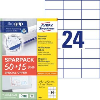 Avery Zweckform 6605 Universaletiketten, 70x37mm, weiß,...