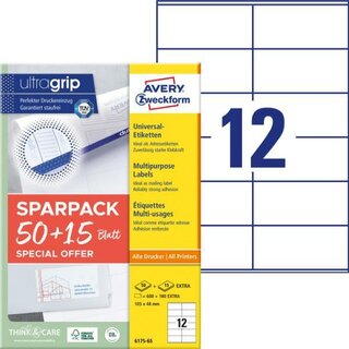 Avery Zweckform 6175 Universaletiketten, 105x48mm, weiß,...