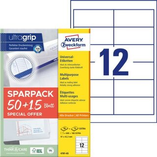Avery Zweckform 4781 Universaletiketten, 97x42,3mm, weiß,...