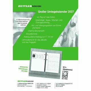Zettler Umlegekalender 338, 1T/2S, 10,5 x 14,2cm, passend f�r 333-0000, 2027