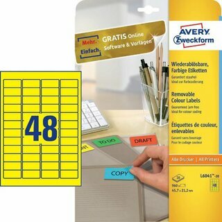 Mini-Etiketten Avery Zweckform L6041, 45,7 x 21,2mm (LxB), gelb, 20Bl/960 St�ck