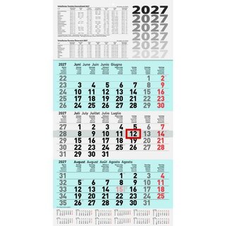 Brunnen 3-Monatskalender 1070210316, 30 x 55,5cm, blau (schwarz/rot), 2027