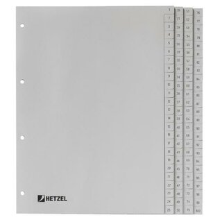 HETZEL Register 721311, PP, 1-100, A4, volle Hhe, 100 Bl., grau, 10 Stck