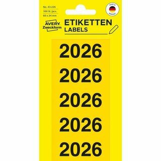 Avery Zweckform 43-226 Jahresschilder 2026, 60 x 24 mm, gelb, 100 St�ck
