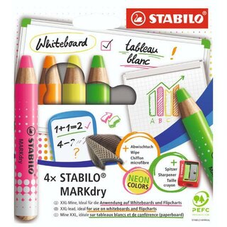 Stabilo Whiteboardmarker MARKdry 648/4-01 Spitzer und Abwischtuch, neon, 4 St�ck