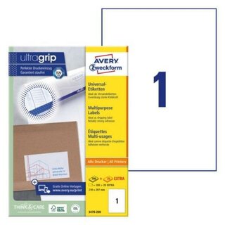 Avery Zweckform Universal-Etiketten 3478-200, A4 mit ultragrip, 210 x 297mm,wei�