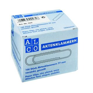 Aktenklammern Alco 262, 77mm, gewellt, vernickelt, 100 Stck