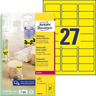 Avery Zweckform L6004-25 Etiketten, 63,5x29,6 mm, gelb, 25 Blatt, 675 Etiketten