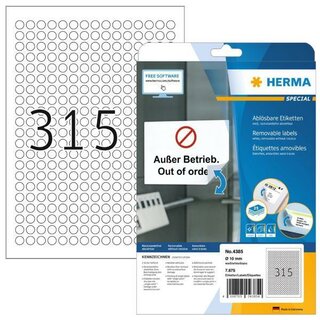 Herma 4385 abl�sbare Etiketten, D: 10mm, wei�, 25 Blatt, 7875 Etiketten