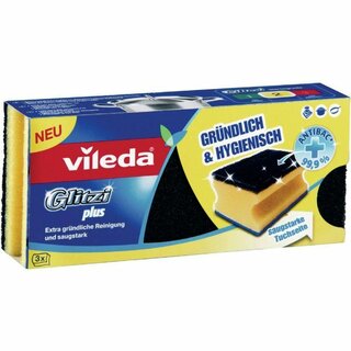 Schwamm Vileda, Glitzi Plus, Antibac, 9 x 7 x 4,5 cm, schwarz/gelb/blau, 3 Stck