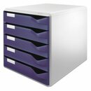 Schubladenbox, PS, mit 5 Schubladen, A4, lichtgrau/blau