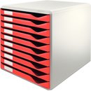 Schubladenbox, PS, mit 10 Schubladen, A4, lichtgrau/rot