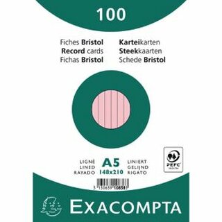 Karteikarten Exacompta, A5 liniert, 205g, rosa, 100 Stck