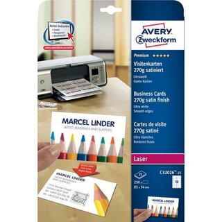 Premium Visitenkarten Avery Zweckform C32026-25, 85x54mm,...