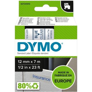 Schriftband Dymo D1 45011, Breite: 12mm, blau auf transparent