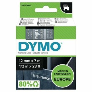Schriftband Dymo D1 45020, Breite: 12mm, wei auf transparent