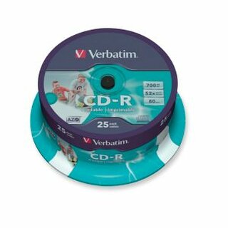 CD-R Verbatim 43439, 700MB, 80Min, 52x, bedruckbar, Spindel mit 25 Stck
