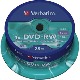 DVD+RW Verbatim, 4,7GB, Schreibgeschwindigkeit: 4x, Spindel, 25 Stck