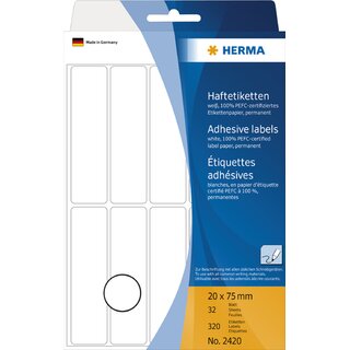 Universal-Etiketten Herma 2420, 20 x 75mm (LxB), weiß, 320 Stück