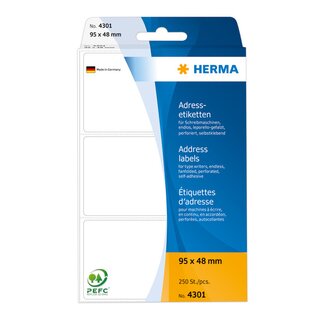 Adress-Etiketten Herma 4301, 95 x 48mm (LxB), fr Schreibmaschine, we, 250 Stck