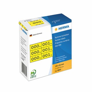 Zahlen-Etiketten Herma 4801, 0-999 3fach, 10 x 22mm, gelb/schwarz, 1000 Stck