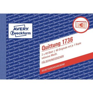 Quittungsblock Avery Zweckform 1736, MwSt.-Nachweis, A6 quer, 2 x 40Bl