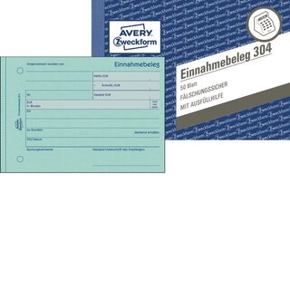 Einnahmebeleg Avery Zweckform 304, A6 quer, flschungssicher, grn, 50 Blatt