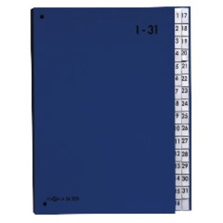 Pultordner, PP-kasch., 1-31, A4, 26,5x34cm, 32 Fächer, blau