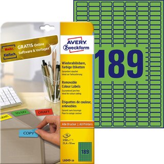 Mini-Etiketten Avery Zweckform L6049, 25,4 x 10mm (LxB), grn, 20Bl/3780 Stck