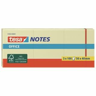 Haftnotizen Tesa 57653 Office Notes, 50x40mm, 100 Blatt, gelb, 3 Stück