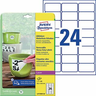 Wetterfeste Etiketten Avery Zweckform L4773REV-20, 63,5x33,9mm (LxB)wei 480 St.