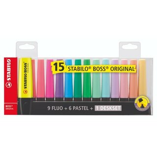 Textmarker Stabilo Boss, Strichstrke: 2-5 mm, Keilspitze, 15er Etui, sortiert