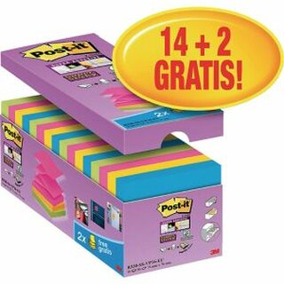 Haftnotizen Post-it Super Sticky Z-Notes R330S16, 76x76mm, 16 x 90 Blatt, farbig
