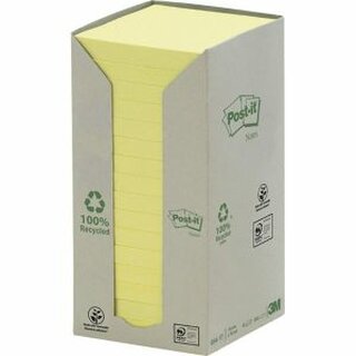 Haftnotizen Post-it Recycling 654-1T, 76 x 76 mm, 16 Blöcke à 100 Blatt, gelb