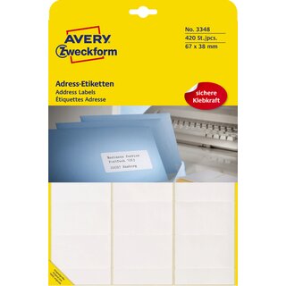 Adress-Etiketten Avery Zweckform 3348, 67 x 38mm (LxB), wei, 20Bl/420 Stck