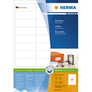Etiketten Herma 4275 PREMIUM, 66 x 25,4mm (LxB), wei, 3300 Stck