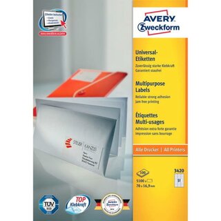 Universal-Etiketten Avery Zweckform 3420, 70x16,9mm (LxB), wei, 100Bl/5100St