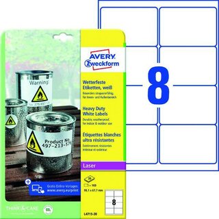 Wetterfeste Etiketten Avery Zweckform L4715-20, 99,1x67,7mm (LxB), wei, 160 St.