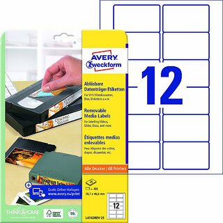 Video-Etiketten Zweckform L4742, 78,7x46,6mm (LxB), wiederabl, we, 25Bl/300 St