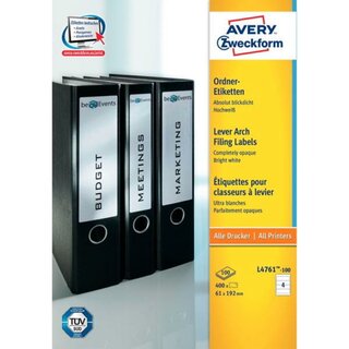 Ordner-Etiketten Avery Zweckform L4761, kurz / breit, wei, 100 Blatt/400 Stck