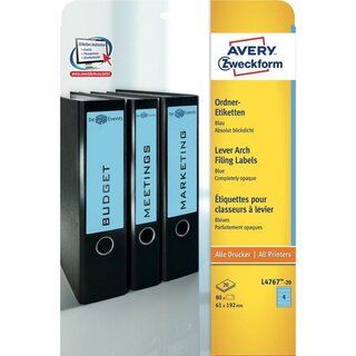 Ordner-Etiketten Avery Zweckform L4767, kurz / breit, blau, 20 Blatt/80 Stck