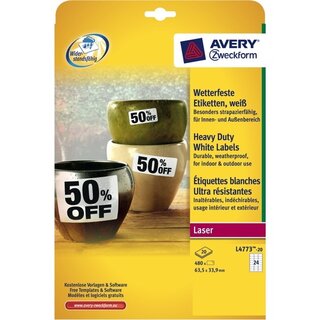 Wetterfeste Etiketten Avery Zweckform L4773-20, 63,5x33,9mm (LxB), wei, 480 St.