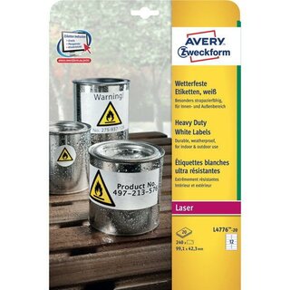 Wetterfeste Etiketten Avery Zweckform L4776-20, 99,1x42,3mm (LxB), wei, 240 St.