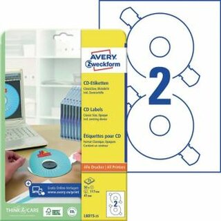 CD/DVD-Etiketten Avery Zweckform L6015, D 117mm, wei, 25 Blatt/50 Stck