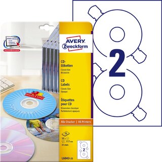 CD/DVD-Etiketten Avery Zweckform L6043A,  117mm, wei, 25 Blatt/50 Stck