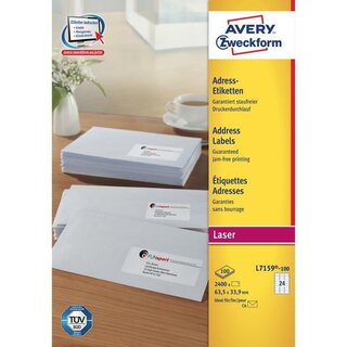 Adress-Etiketten Avery Zweckform L7159, 63,5 x 33,9mm (LxB), we, 100Bl/2400 St