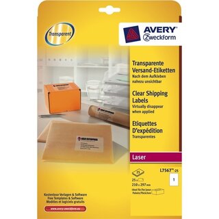 Versand-Etiketten Avery Zweckform L7567, 210x297mm (LxB), transparent, 25Bl25St