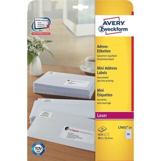 Mini-Etiketten Avery Zweckform L7651, 38,1 x 21,2mm (LxB), wei, 25Bl/1625 Stck